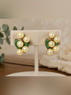 Vintage Faux Pearl Grape Cluster Green Enamel Gold Tone 1" Clip-On Earrings